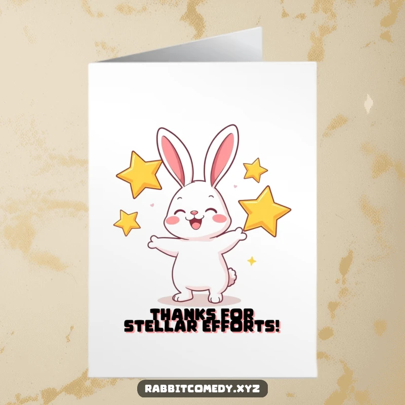 Funny Free Printable Thank You Card: A cheerful rabbit juggles bright, sparkly stars, symbolizing immense gratitude.