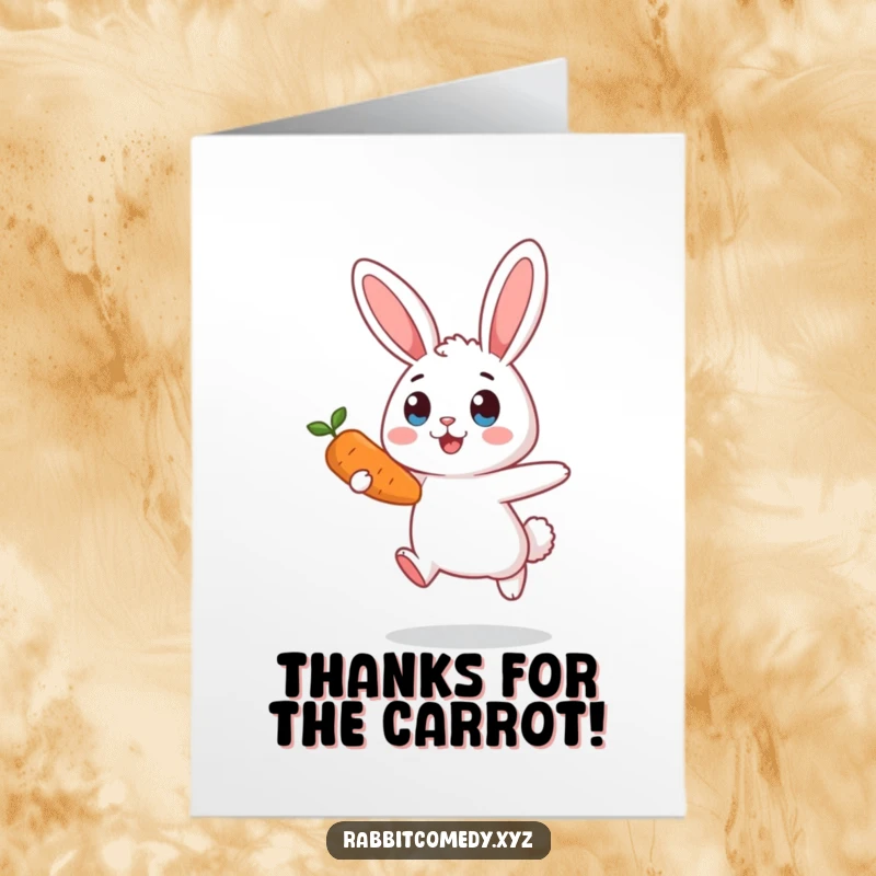 Funny Free Printable Thank You Card: A surprised rabbit mid-air with a carrot, conveying thanks.