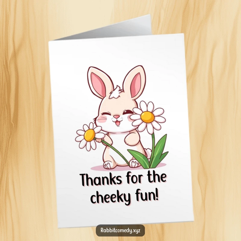 Funny Free Printable Thank You Card: Mischievous rabbit winking behind a laughing daisy, a thank you with sass.