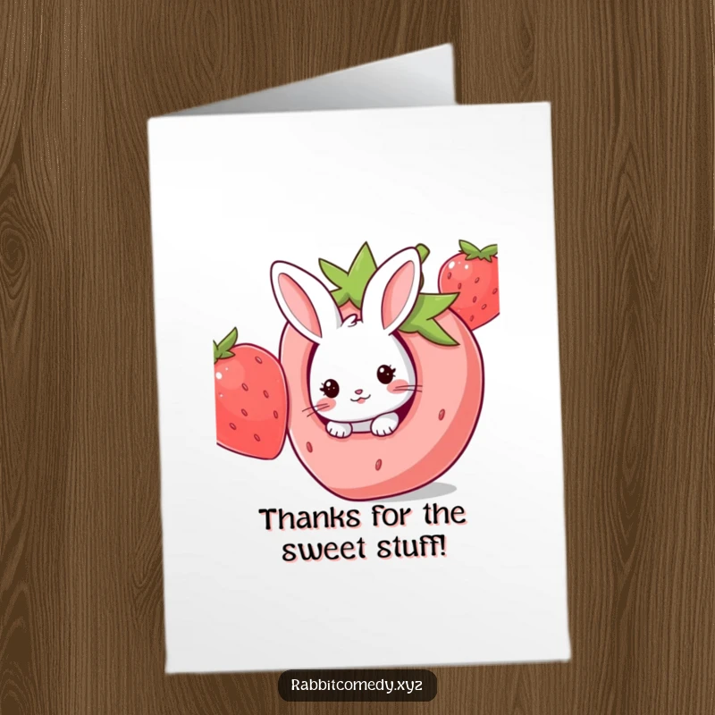 Funny Free Printable Thank You Card: A cute kawaii rabbit peeking out from a giant strawberry, offering a sweet thank you.