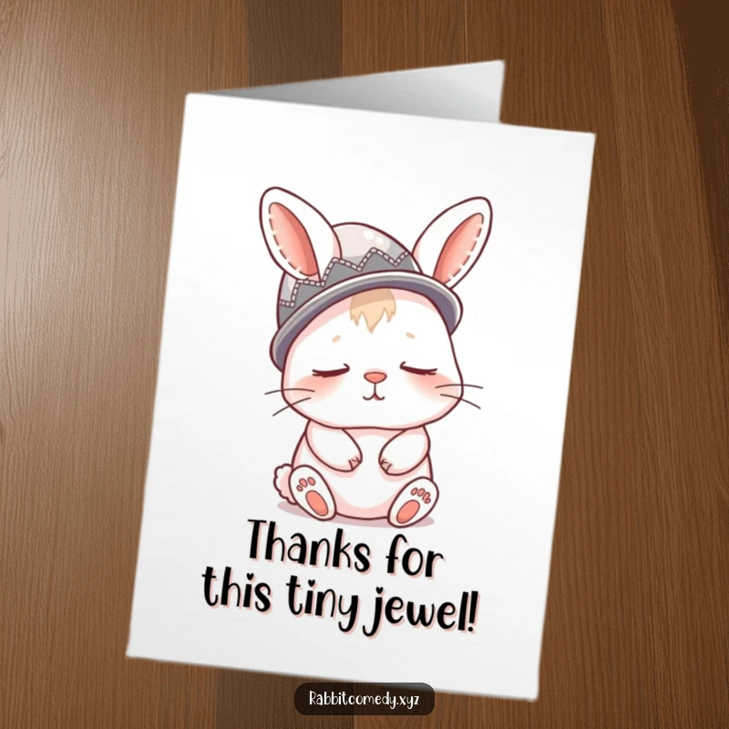 Funny Free Printable Thank You Card: Sleepy rabbit comically wearing a thimble as a hat, looking very relaxed.
