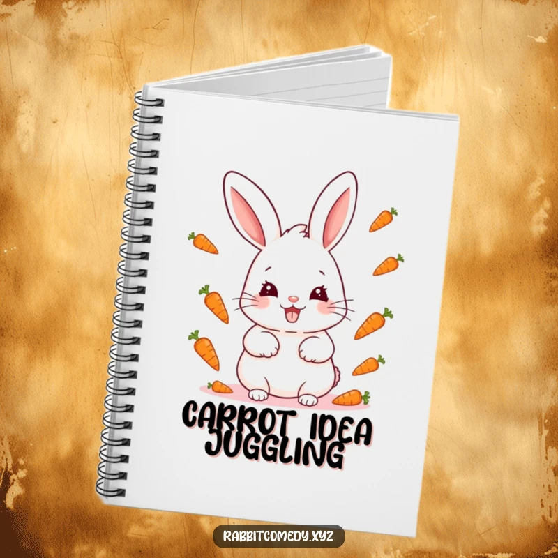 Funny kawaii rabbit with a mischievous grin juggling miniature carrots, perfect for a cute and inspiring notebook.