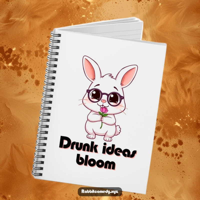 Funny notebook cover showing a tipsy rabbit character wobbling with a tiny flower, ideal for jotting down notes with a humorous touch.