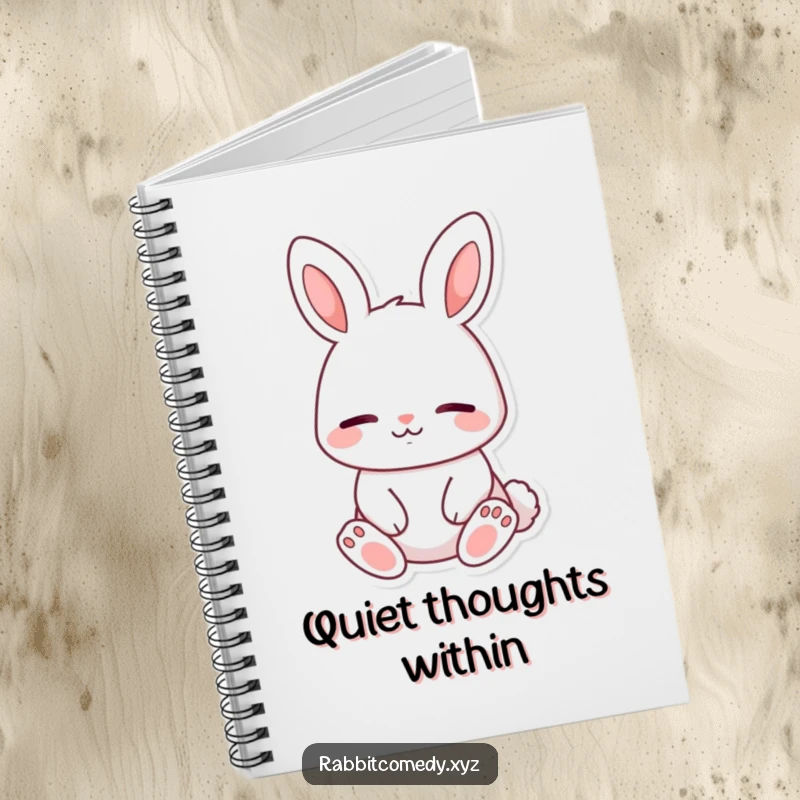 Funny notebook cover, a content rabbit character sitting peacefully, eyes closed with a calm smile, perfect for tranquil note-taking.
