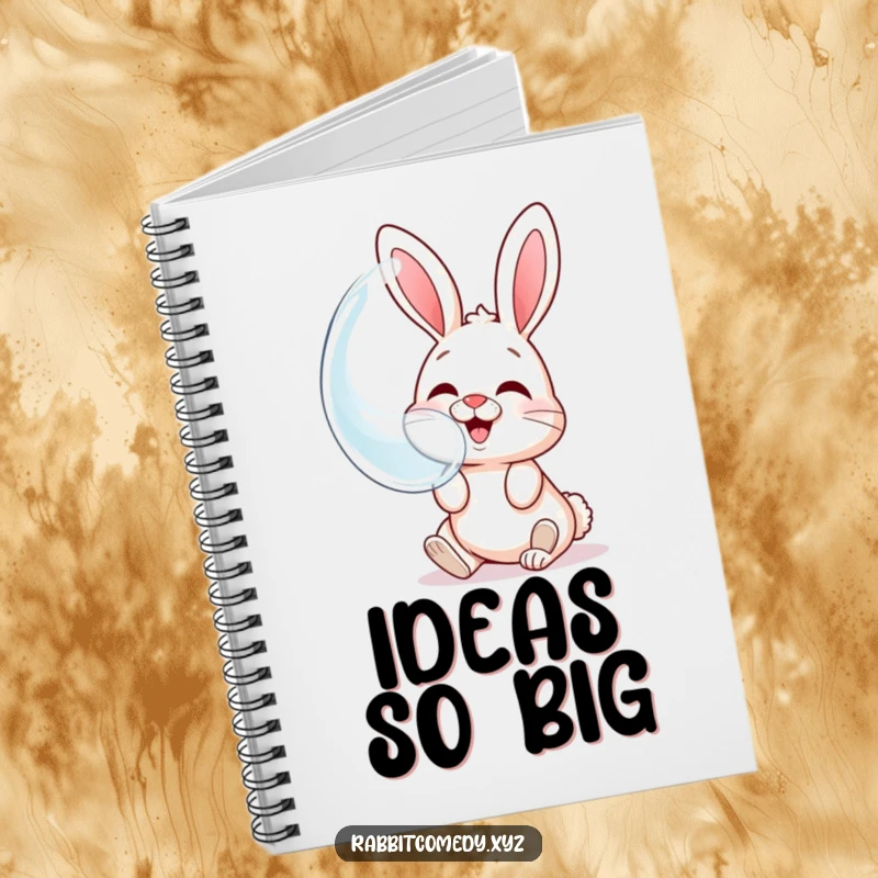 Funny notebook with a giggling rabbit blowing a large bubble reflecting its own face, ideal for creative notes.