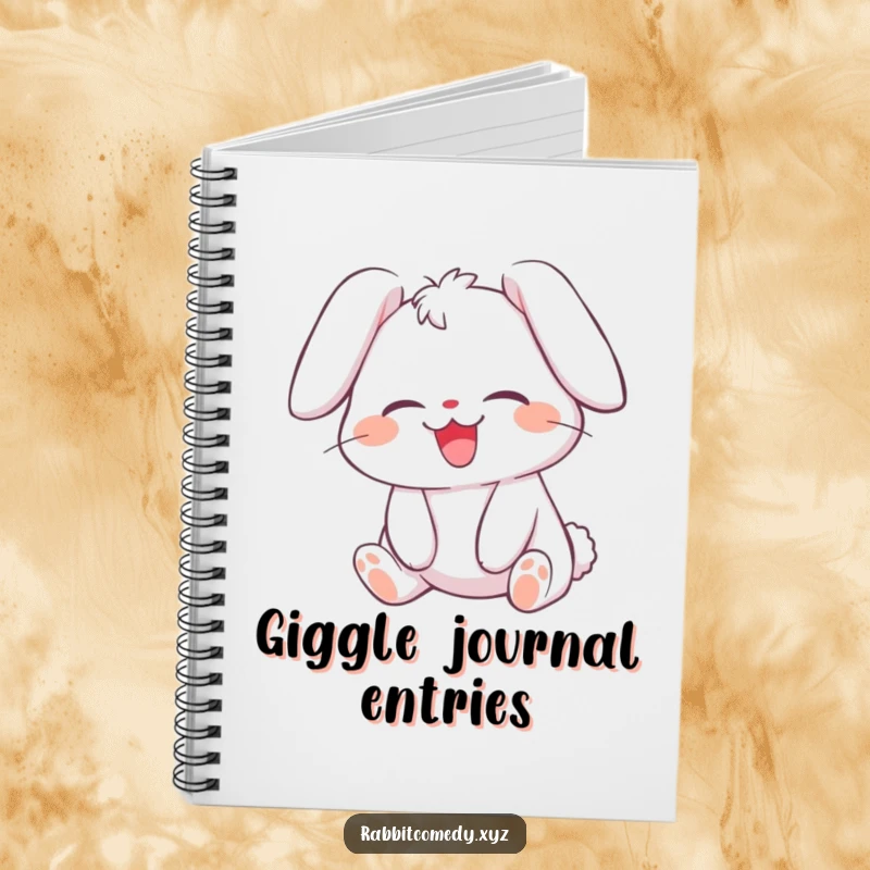 Funny notebook featuring a giggling rabbit character with its ears flopped over, rolling with laughter, encouraging creative writing and note-taking.