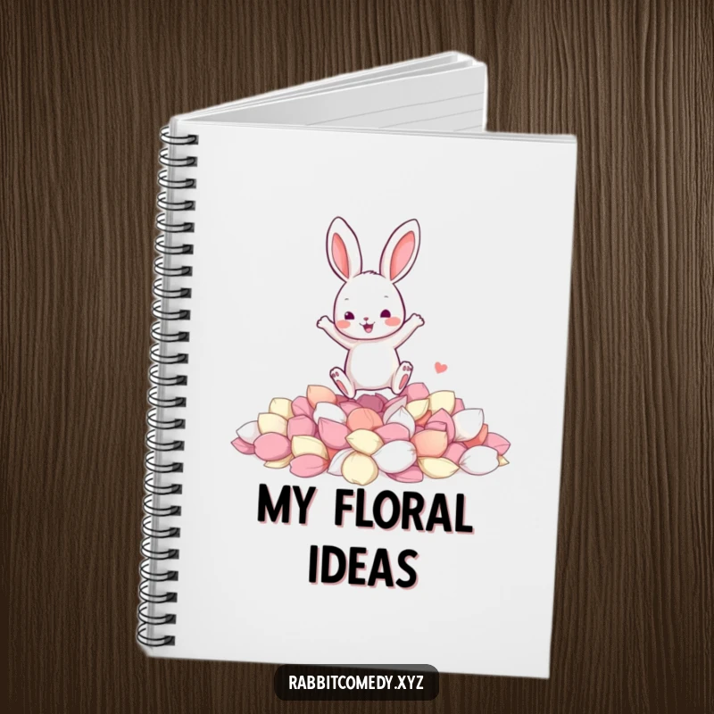 Funny notebook featuring a jumping rabbit character joyfully landing in a soft pile of colorful flower petals, embodying spring delight.