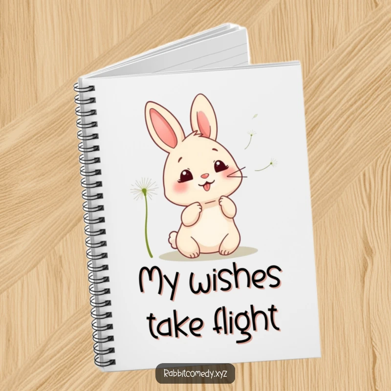Funny kawaii rabbit notebook, illustrated with a giggling rabbit scattering dandelion seeds, inspiring joyful note-taking and creativity.