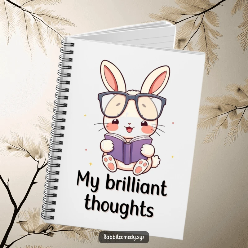 Funny Notebook: A kawaii rabbit with big glasses reads a small book, inspiring humorous writing and thoughtful notes.