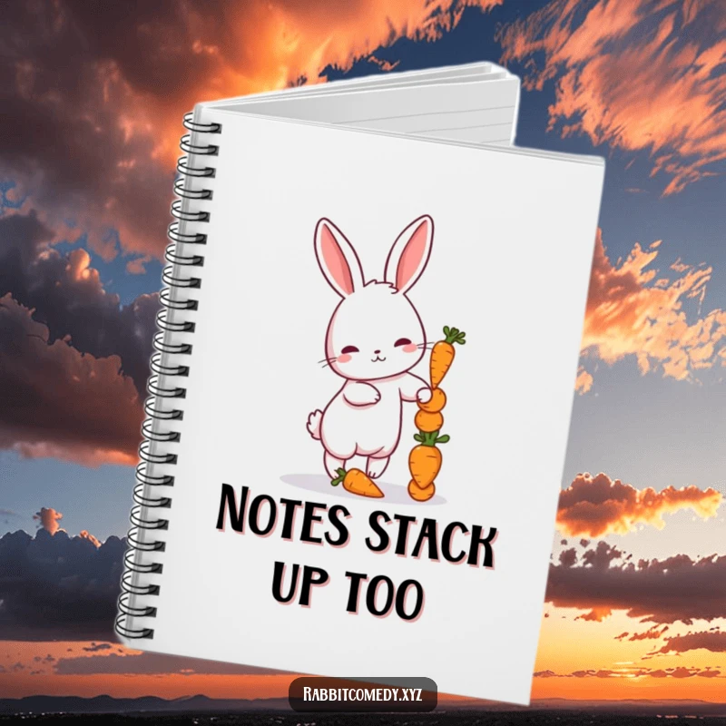 Funny notebook showing a petite rabbit balancing miniature carrots, ideal for notes, sketches, and daily thoughts.