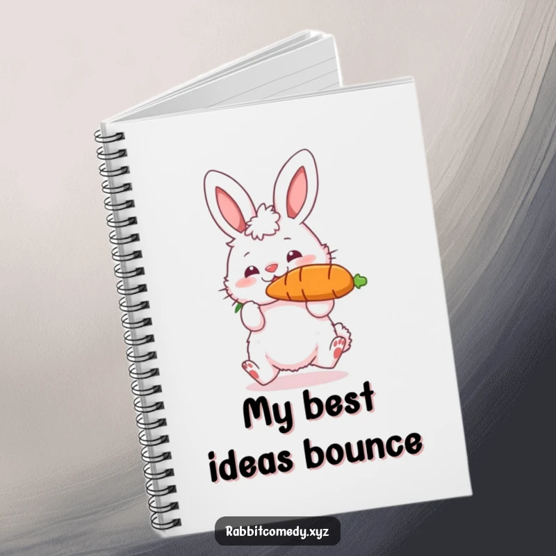 Funny notebook featuring a fluffy rabbit character bouncing a giant carrot on its nose, perfect for jotting down notes with a humorous and skillful flair.
