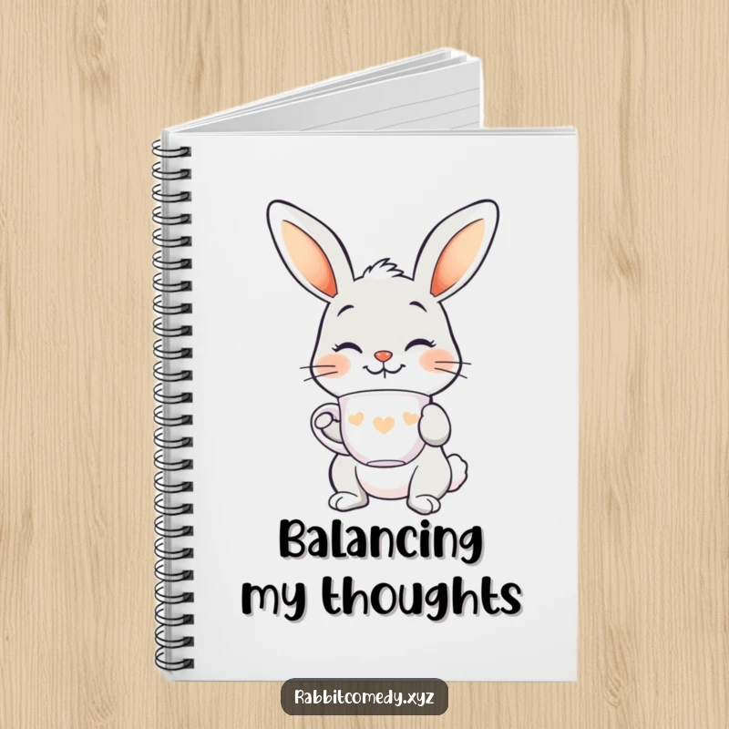 Funny smiling rabbit notebook, balancing a teacup on its nose, elegant and humorous for journaling and creative writing.