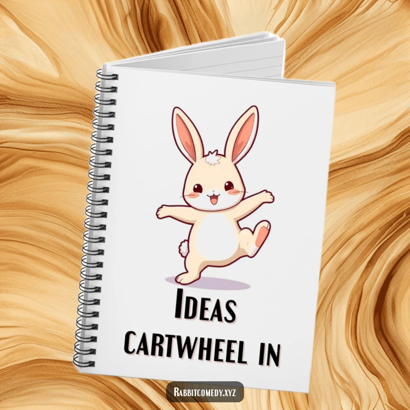 Funny Notebook: A happy rabbit with exaggerated ears in a cartwheel pose adorns this notebook, inspiring fun thoughts.