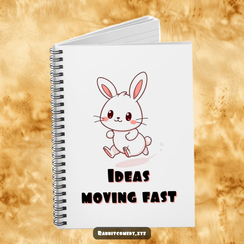 Funny Kawaii rabbit notebook, dashing playfully, leaving a dust trail, a cute design for journaling and creative thoughts.