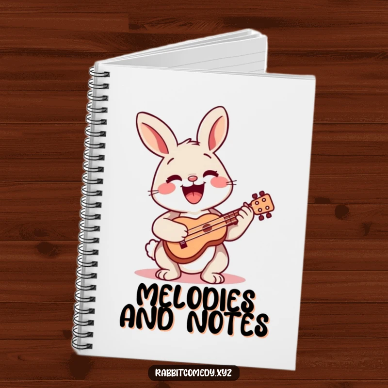 Funny notebook with a happy rabbit playing a tiny ukulele with a wide smile, ideal for musical notes.