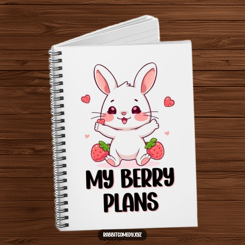 Funny notebook cover, a playful rabbit juggling bright berries with a happy, concentrated look, perfect for jotting down creative ideas.