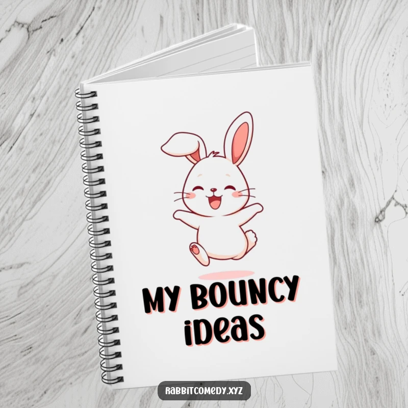 Funny notebook featuring a cute rabbit character joyfully hopping, ears flopping, symbolizing happy thoughts.