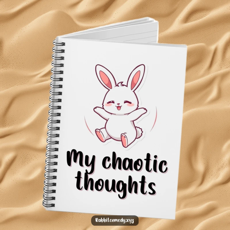 Funny Notebook with a cute, happily spinning rabbit on the cover, designed for capturing thoughts with a touch of playful energy.