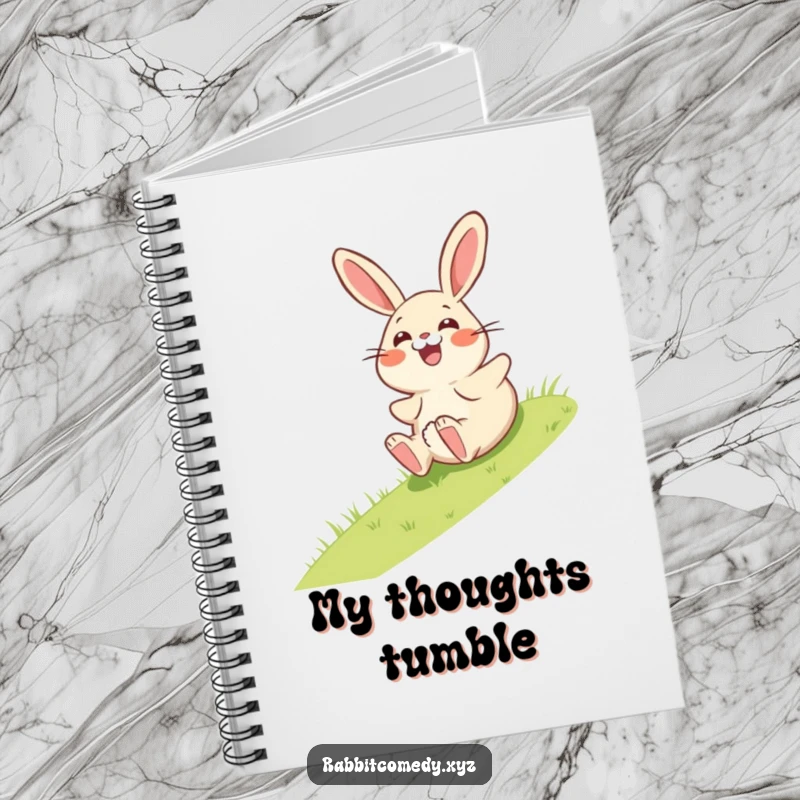 Funny notebook with a giggling rabbit character comically rolling down a grassy hill, looking utterly surprised while writing.