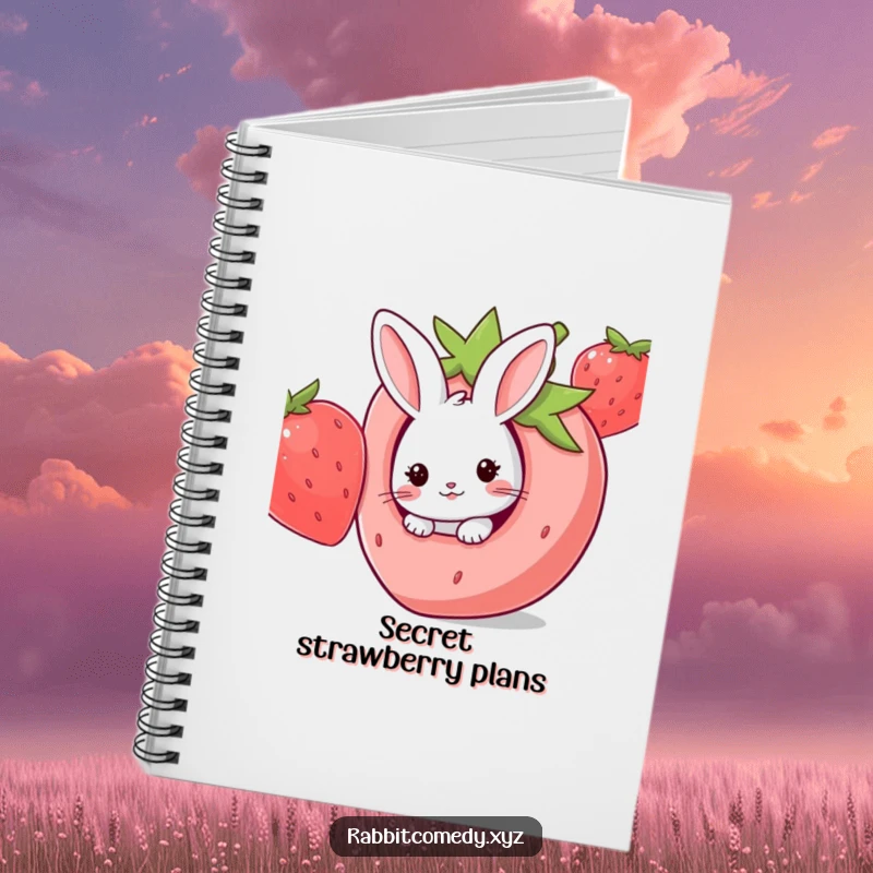 Funny Kawaii rabbit peeking from a giant strawberry hole, inspiring sweet thoughts in this humorous notebook.
