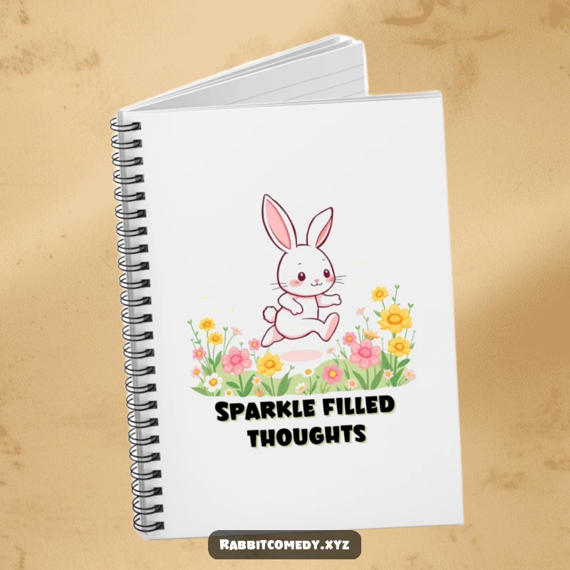 Funny notebook cover, an energetic rabbit dashing through flowers, leaving a trail of sparkles, perfect for capturing fast-moving ideas.