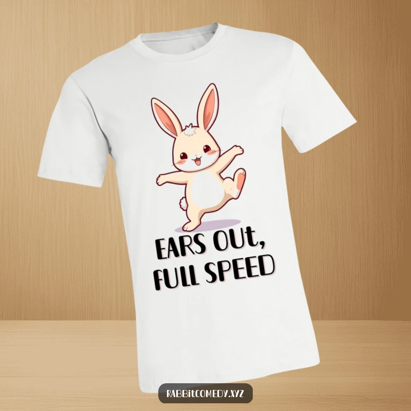 Funny T-Shirt: A happy rabbit with comically large ears is captured mid-cartwheel, exuding pure, infectious joy.