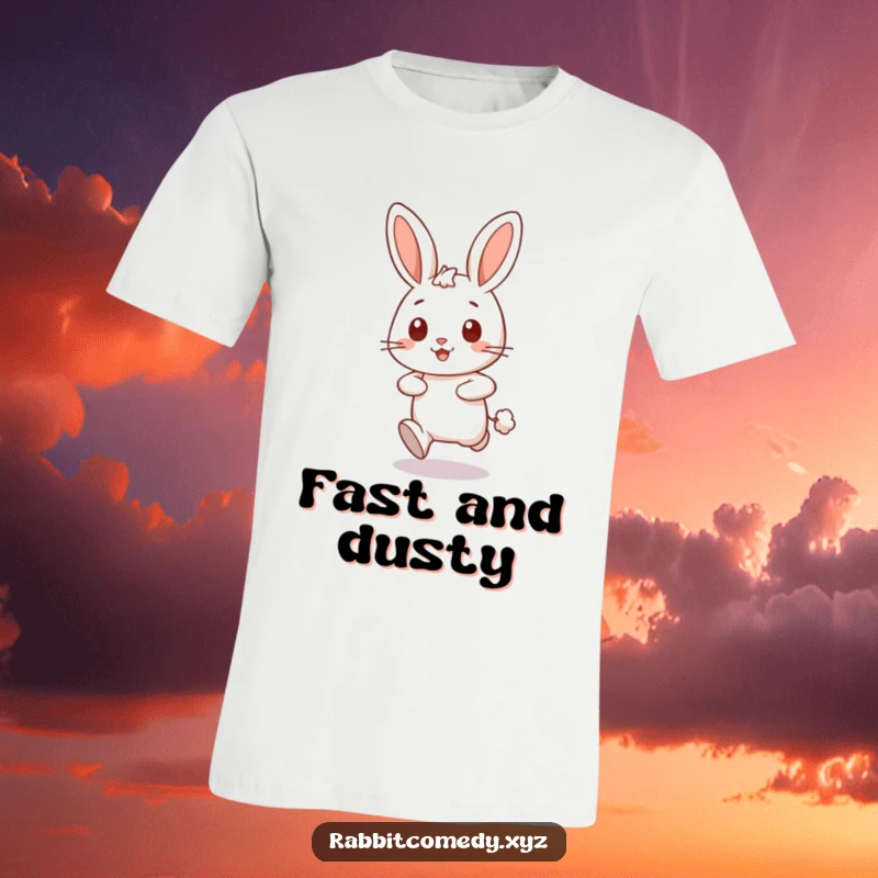 Funny happy rabbit character dashing forward, leaving a puff of dust on a humorous t-shirt, great for fun.