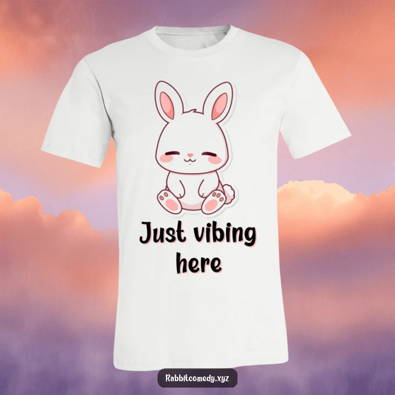 Funny rabbit t-shirt, a content character sitting peacefully with eyes closed and a calm, gentle smile, embodying pure serenity.