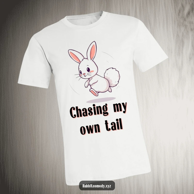 Funny t-shirt depicting a playful rabbit in a dizzying circle, comically chasing its own fluffy tail, embodying energetic and whimsical chaos.