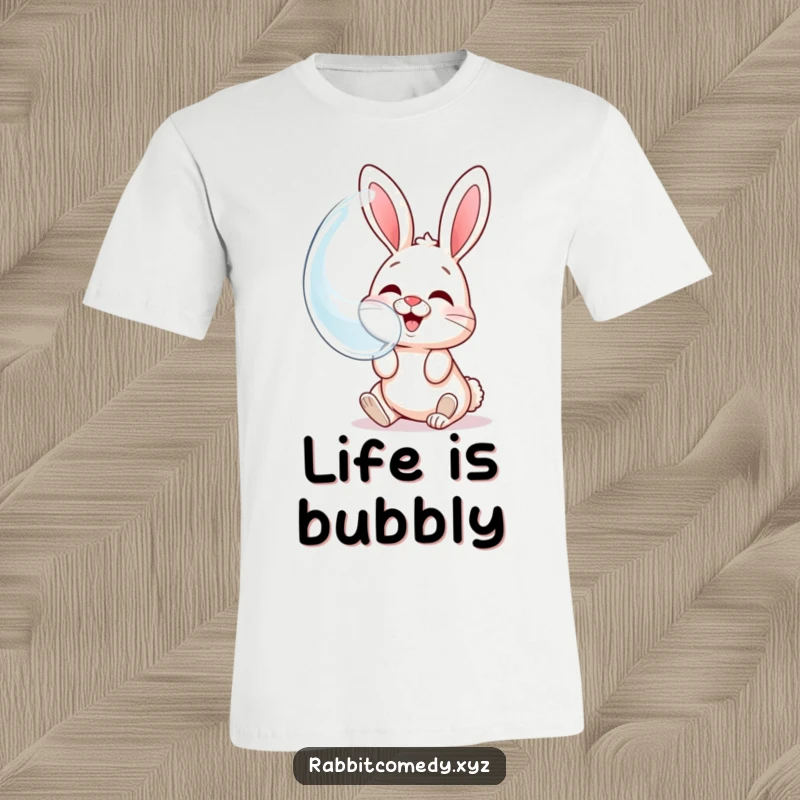 Funny t-shirt with a giggling rabbit character blowing a huge bubble that amusingly reflects its own cheerful face.