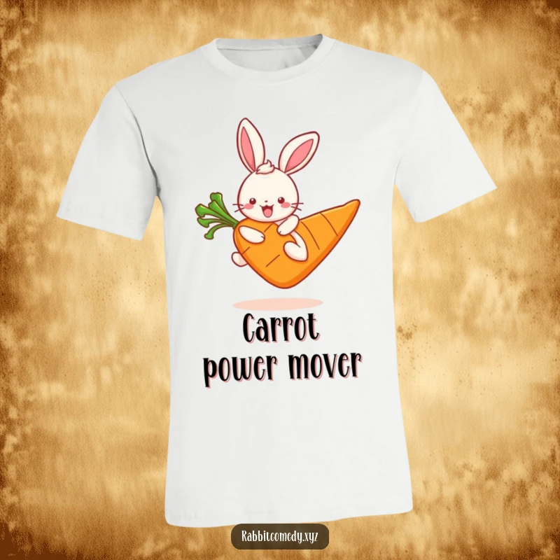 Funny kawaii rabbit character mid-hop on a huge carrot, radiating pure excitement and infectious joy, perfect for a cheerful tee.