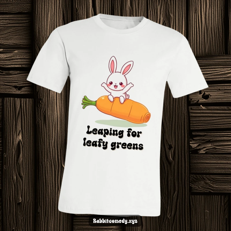 Funny Kawaii Rabbit T-Shirt: Adorable character energetically jumping over a massive carrot, showcasing pure delight and humor.
