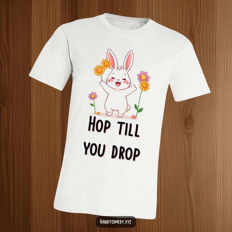 Funny t-shirt showcasing a joyful rabbit character in mid-air, expertly juggling three bright, colorful wildflowers.