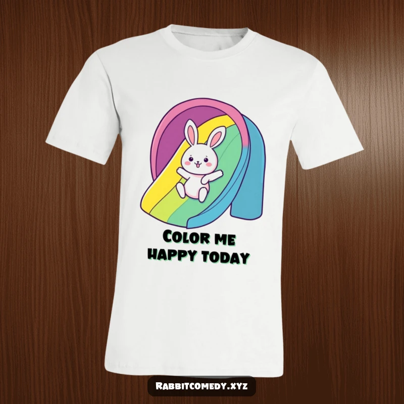 Funny T-Shirt: A kawaii rabbit gleefully slides down a rainbow, showcasing pure joy and a humorous, carefree attitude.