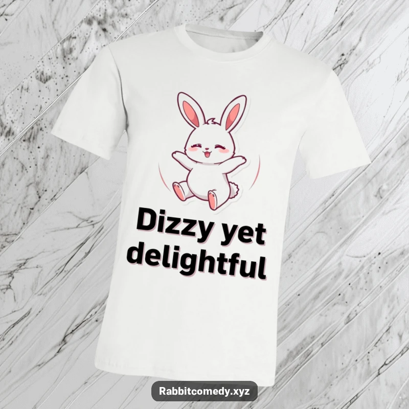 Funny T-Shirt showing a delighted rabbit energetically spinning in circles with its eyes closed in bliss.