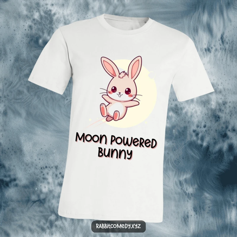 Funny T-Shirt: A determined kawaii rabbit leaps over a moonbeam, showcasing humor, bravery, and magical aspirations.