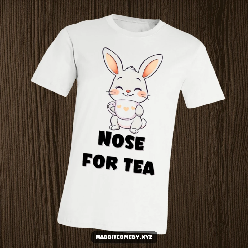 Funny smiling rabbit t-shirt, skillfully balancing a teacup on its nose, a charming and comical design.