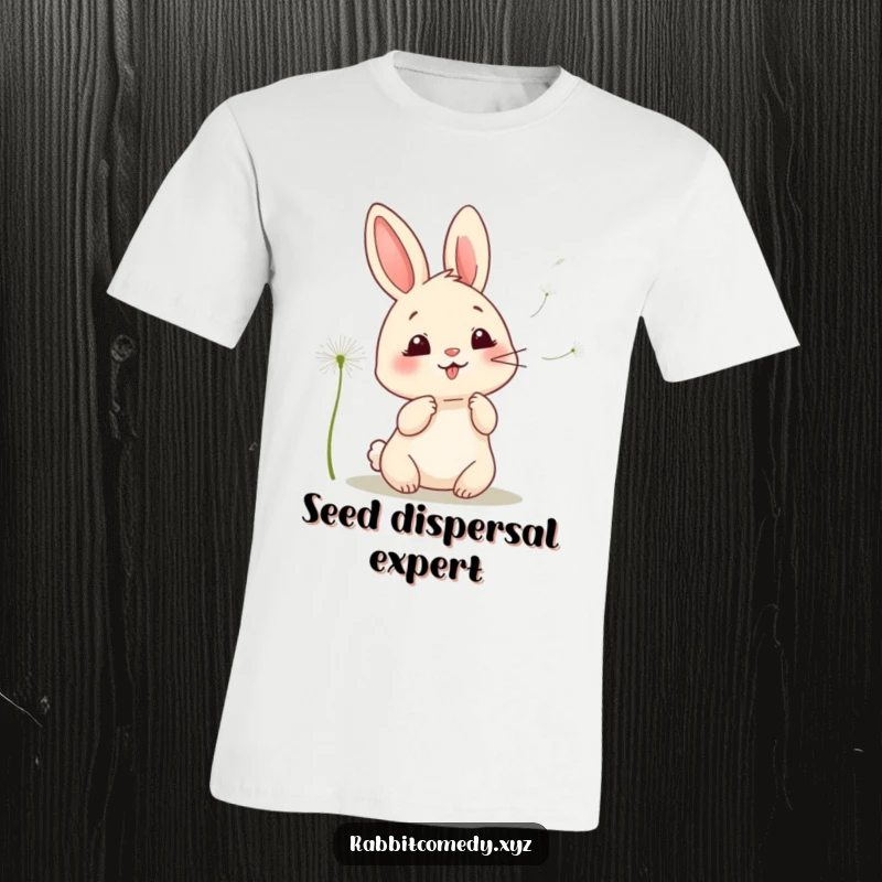 Funny kawaii rabbit t-shirt, captured mid-giggle while sending dandelion seeds soaring on a gentle breeze, embodying playful innocence.