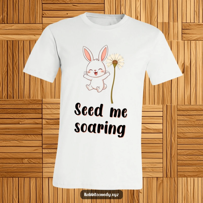 Funny t-shirt showing a determined rabbit character bravely trying to fly using oversized dandelion seeds, a humorous pursuit.