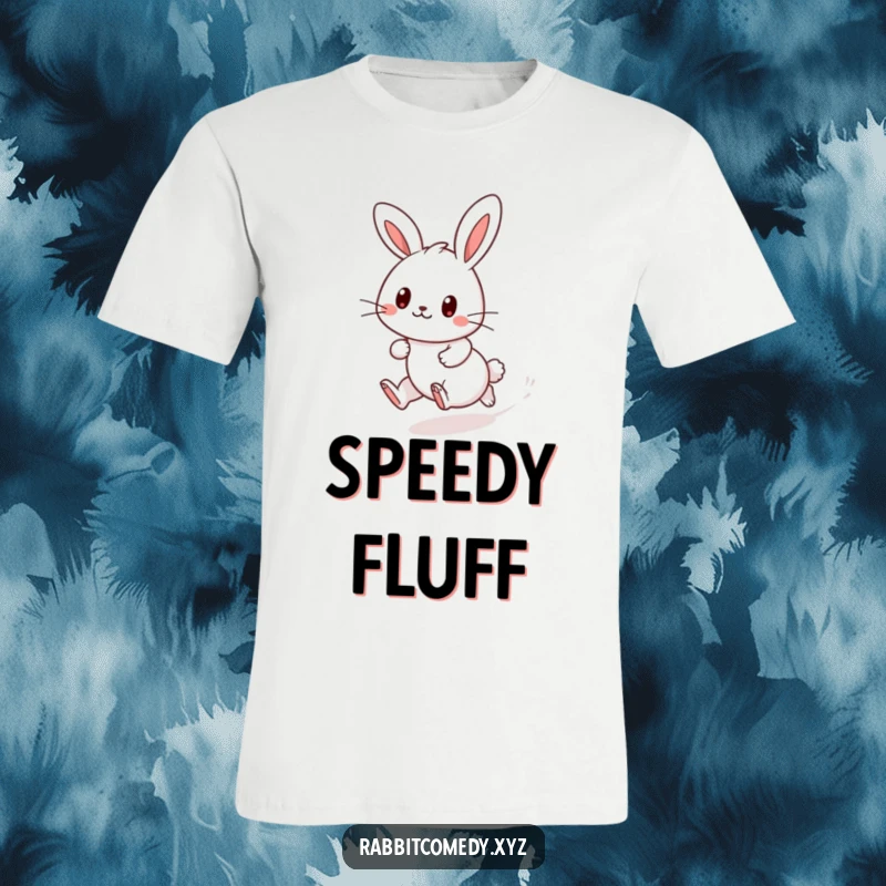 Funny Kawaii rabbit t-shirt, dashing fast, leaving a cloud of dust, showcasing energetic cuteness and a playful vibe.