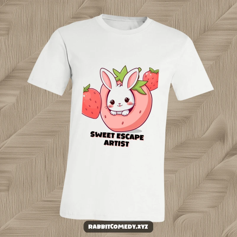 Funny Kawaii rabbit peeking out from a hole in a giant strawberry, bringing playful charm to this t-shirt.