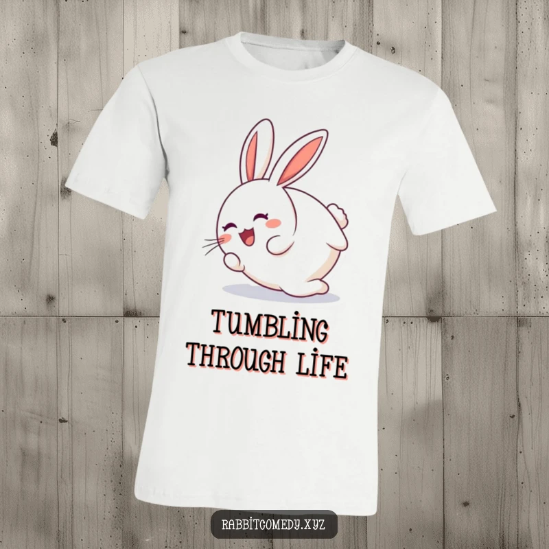 Funny round rabbit character joyfully tumbling end over end on a humorous t-shirt, ideal for fun.
