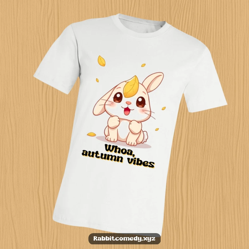Funny Kawaii Rabbit T-Shirt: Adorable character with comically wide-open eyes, reacting to a leaf falling from above.