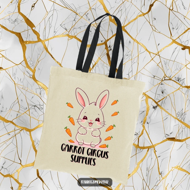 Funny kawaii rabbit with a mischievous grin juggling small carrots, perfect for a cute and functional tote bag.