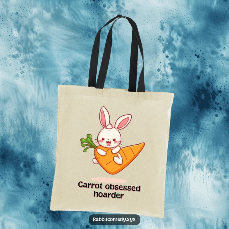 Funny kawaii rabbit character triumphantly hopping on a massive carrot, perfect for a cute and functional tote bag.