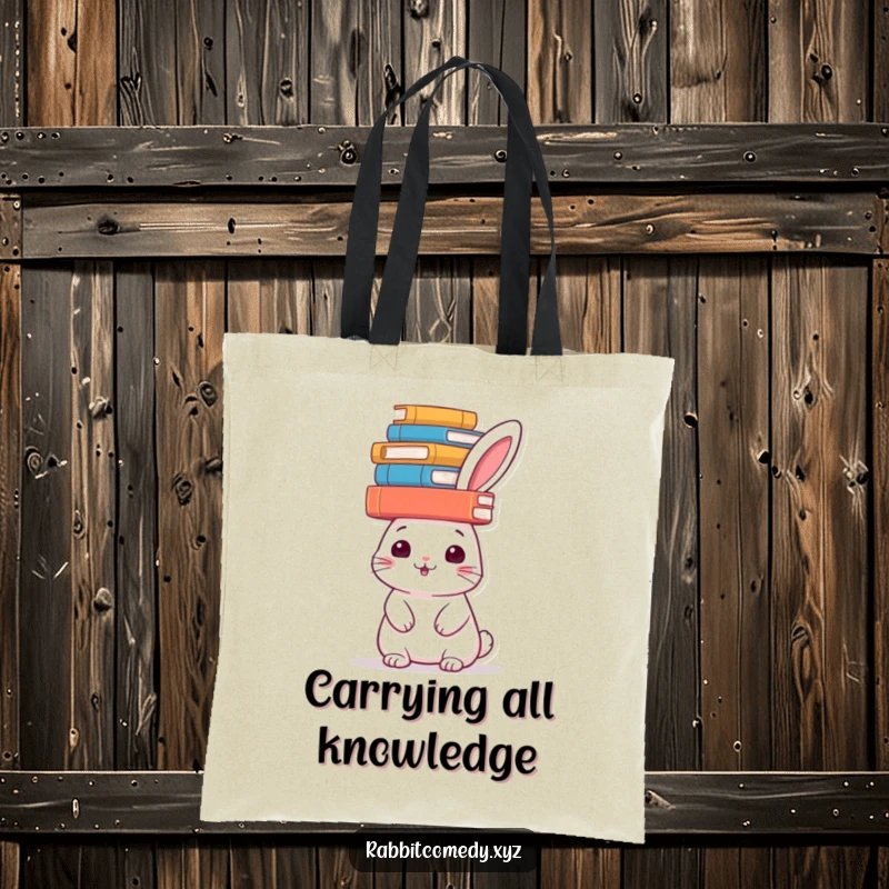 Funny rabbit tote bag, books balanced precariously on its head, perfect for carrying books or daily items.