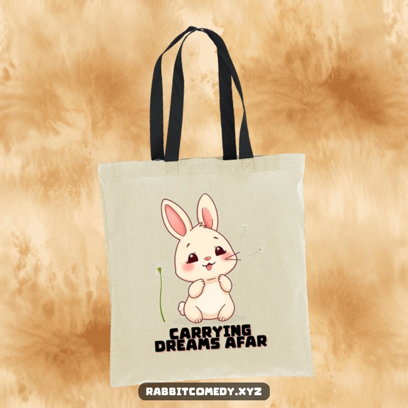 Funny kawaii rabbit tote bag, showing a joyful rabbit giggling while blowing dandelion seeds, perfect for carrying essentials with humor.