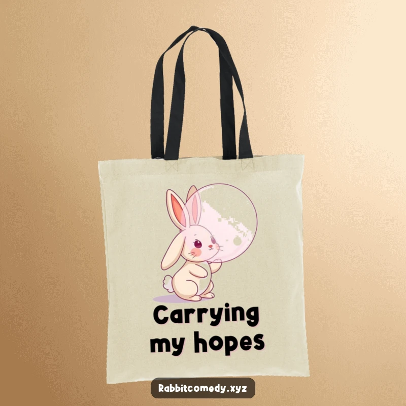 Funny tote bag featuring a rabbit character with floppy ears leaping to catch a giant floating bubble, a humorous and practical accessory.