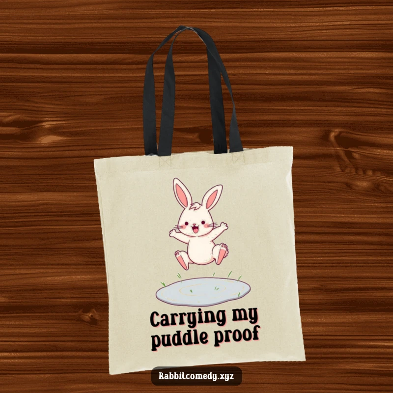 Funny tote bag showing a determined rabbit leaping stylishly over a small puddle, perfect for carrying essentials.