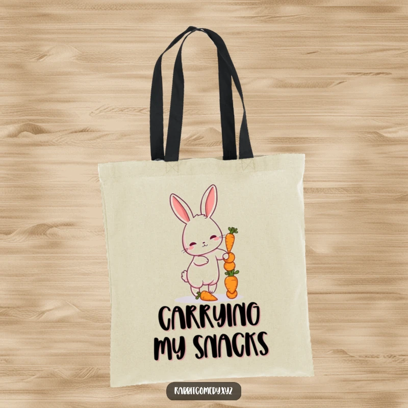 Funny tote bag showing a petite rabbit struggling to balance a stack of miniature carrots, great for groceries.